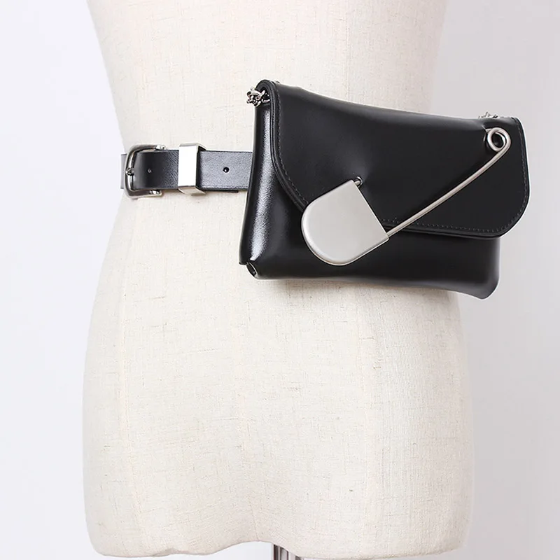 Тренд дизайн большой штырь Pu кожаная поясная сумка для женщин цепь ремень черная сумка в стиле панк поясная сумка сумки монета гонца кошелек Горячая