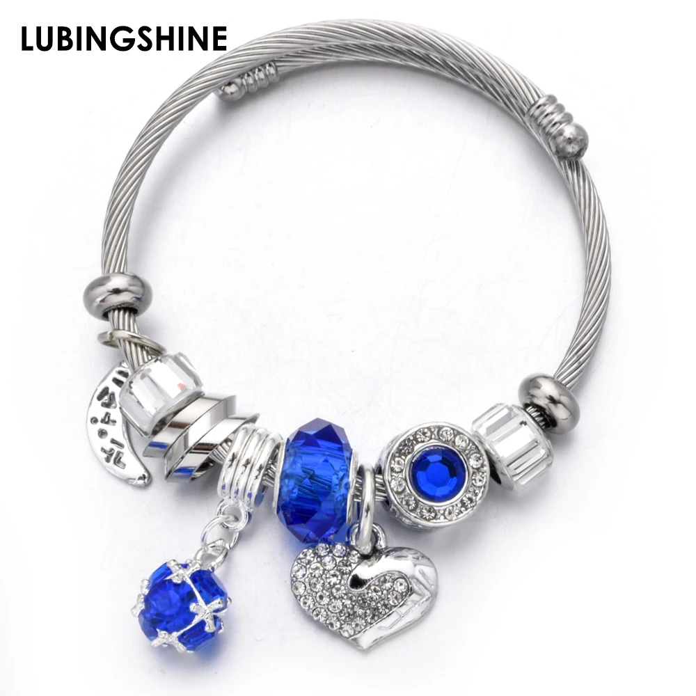 

Fashion Love Heart Pendant Stainless Steel Bracelet&Bangle Crystal Ball Charms Bracelet for Women Girls Adjustable Jewelry