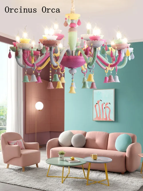 Американская креативная цветная хрустальная люстра-свеча для девочки, спальни, комнаты принцессы, лампа для детской комнаты, современный светодиодный светильник-люстра