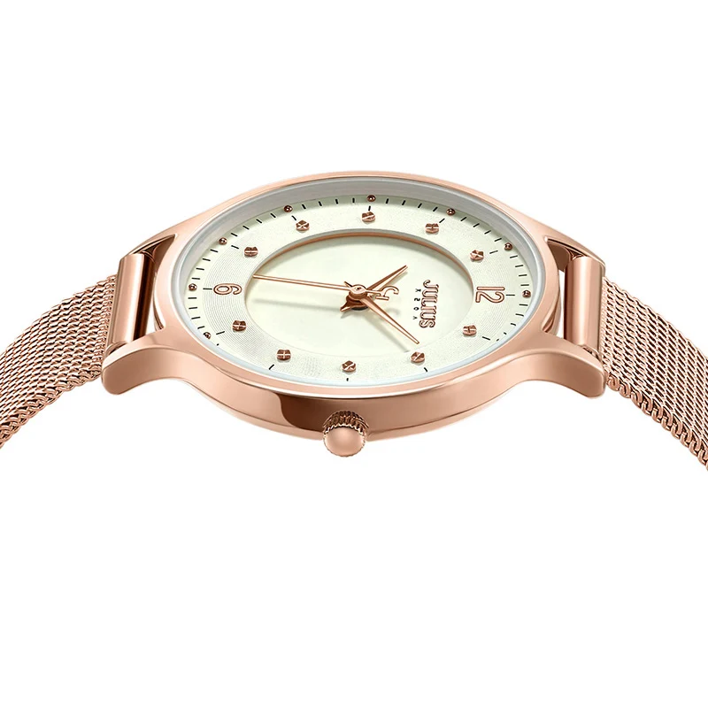 Goedkoop Julius Vrouwen Luxe Rose Goud Dunne Roestvrijstalen Gaas Riem Armband Horloges Dames Quartz Horloge Relogio Feminino