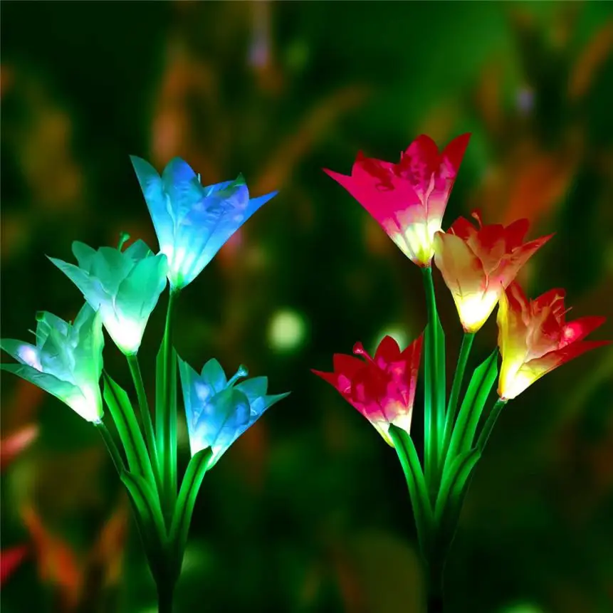 

MUQGEW 2 Pcs Lily Flower Solar Powered Garden Aquarium System Stake Light Multi-color Change LED Light