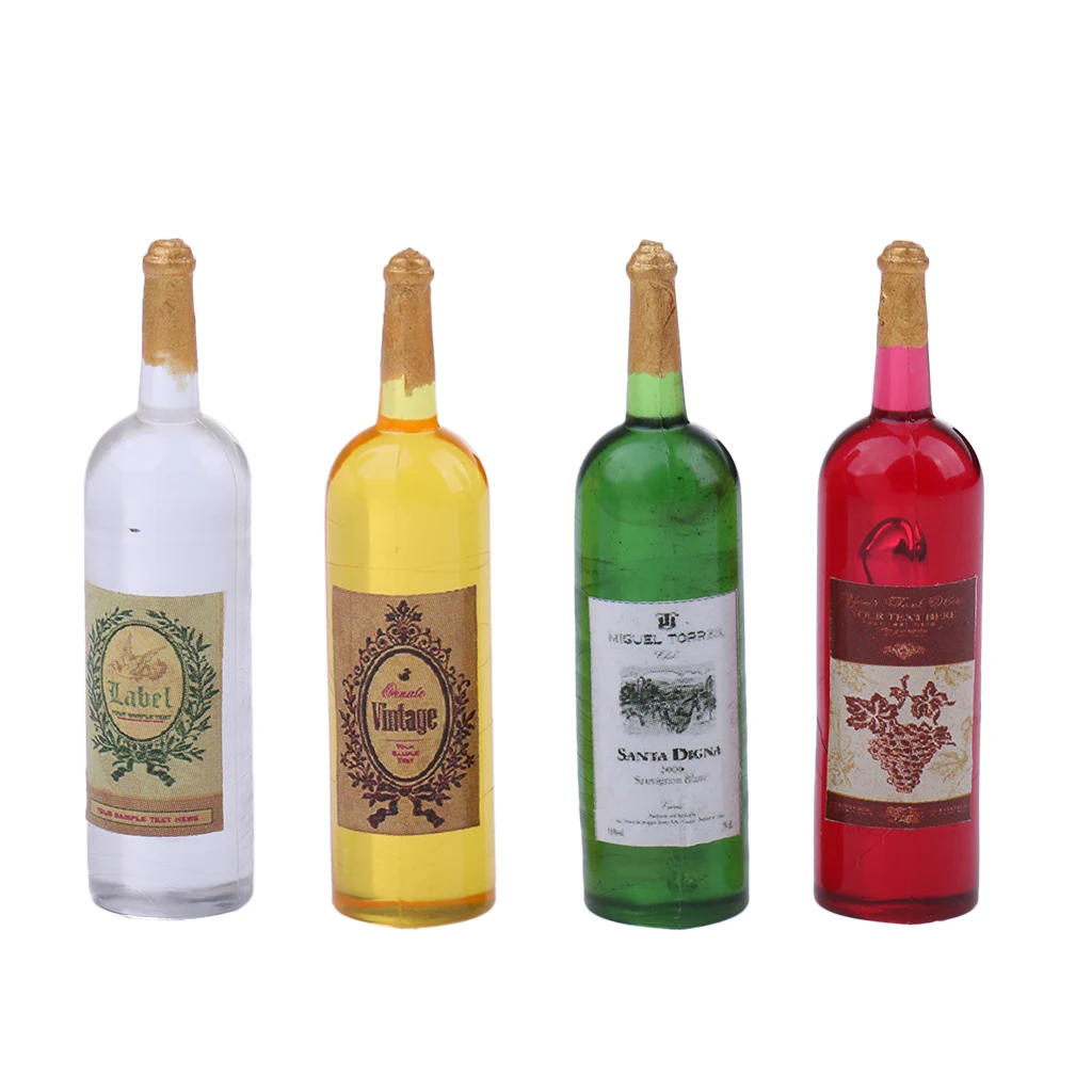 Set of 4 Pieces 1/12 Scale Dollhouse Miniature Wine Bottles Model Foods Groceries for Dolls House Kitchen Decor Accessory