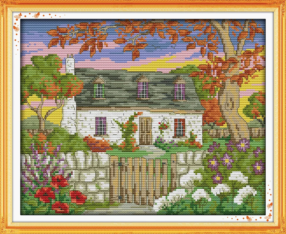 

Small courtyard autumn view Printed Canvas DMC Counted Cross Stitch Kits printed Cross-stitch set Embroidery Needlework