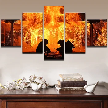 

JIE DO ART Modern Painting Abastract Wall Art Pictures Home Decor 5 Pieces Canvas Printed Warrior Fireman Fire Fighter Poster