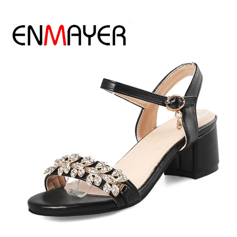

ENMAYER Hot New Summer Heeled Sandal With Bling Buckle Strap Woman Casual Shoes Round Toe Square Heel Black Beige Spring WHY19
