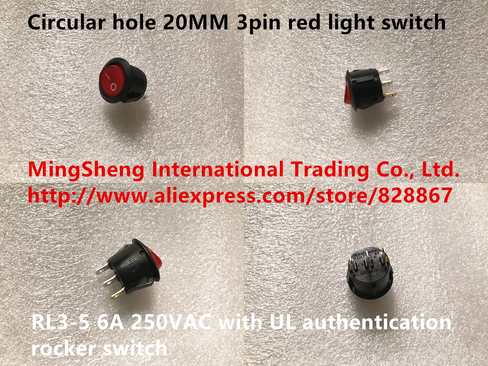 

Original new 100% circular hole 20MM 3pin red light switch 6A 250VAC with UL authentication rocker switch RL3-5