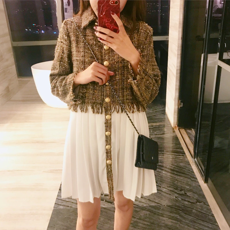 

Dress Women Weave Stitching Chiffon Tassel 2019 Spring Designer Original Heavy Industry Chiffon Dresses Top Quality