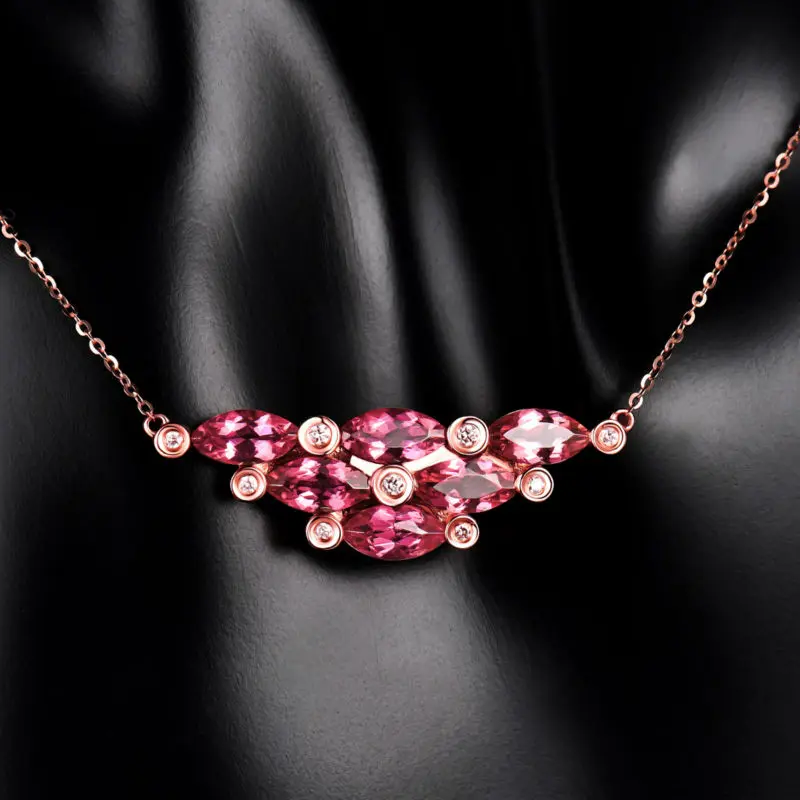 LOVERJEWELRY, 18 К, розовое золото, бриллианты, маркиза, розовый турмалин, женский кулон, ожерелье для девушек, юбилей, вечерние ювелирные изделия, подарок