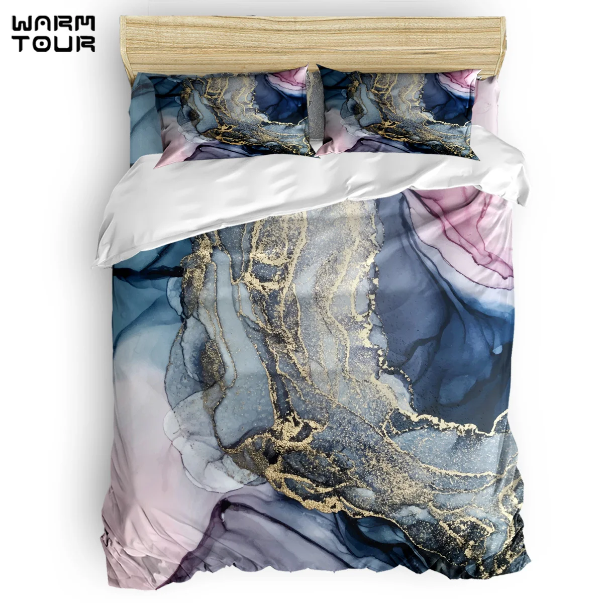 

WARMTOUR Duvet Cover Blush, Payne's Gray and Gold Metallic Abstract Duvet Cover 4 Piece Bedding Set For Beds