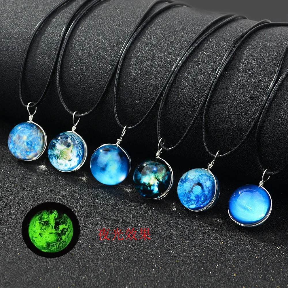 

Glow In The Dark Moon Necklace Galaxy Planet Glass Cabochon Earth Pendant Necklace Leather Chain Luminous Jewelry Unisex Gift