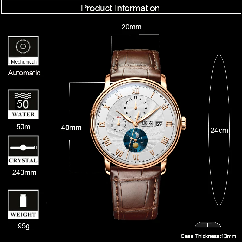 LOBINNI Moon Phase Мужские часы люксовый бренд 50 м водонепроницаемые наручные часы автоматические механические часы мужские сапфировые часы relogio masculino