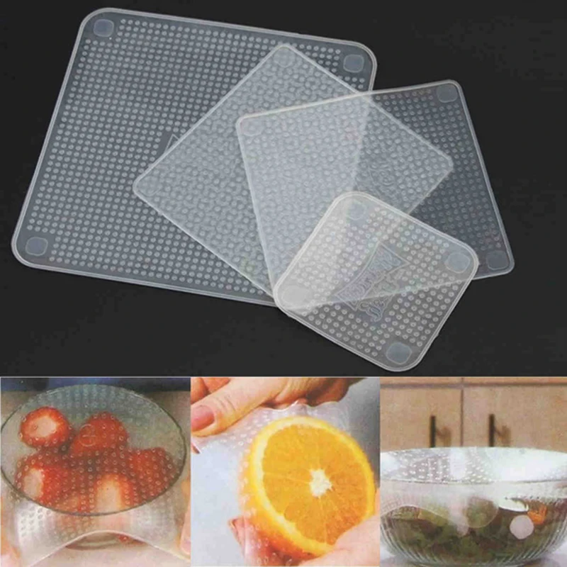 

4pcs Food Fresh Keeping Saran Wrap Kitchen Tools Reusable Silicone Food Wraps Seal Vacuum Cover Lid Stretch B