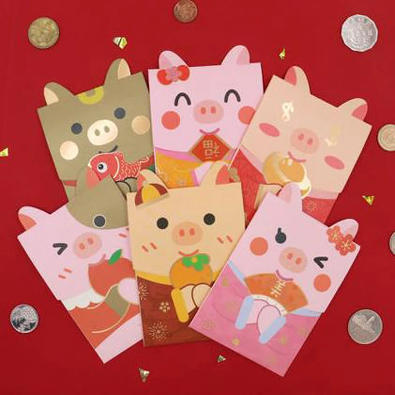 

6 Pcs/pack Kawaii Animal Little Pig Bear Dog Red Envelope To Fill In Money Chinese Tradition Hongbao Gifts Stationery Envelope