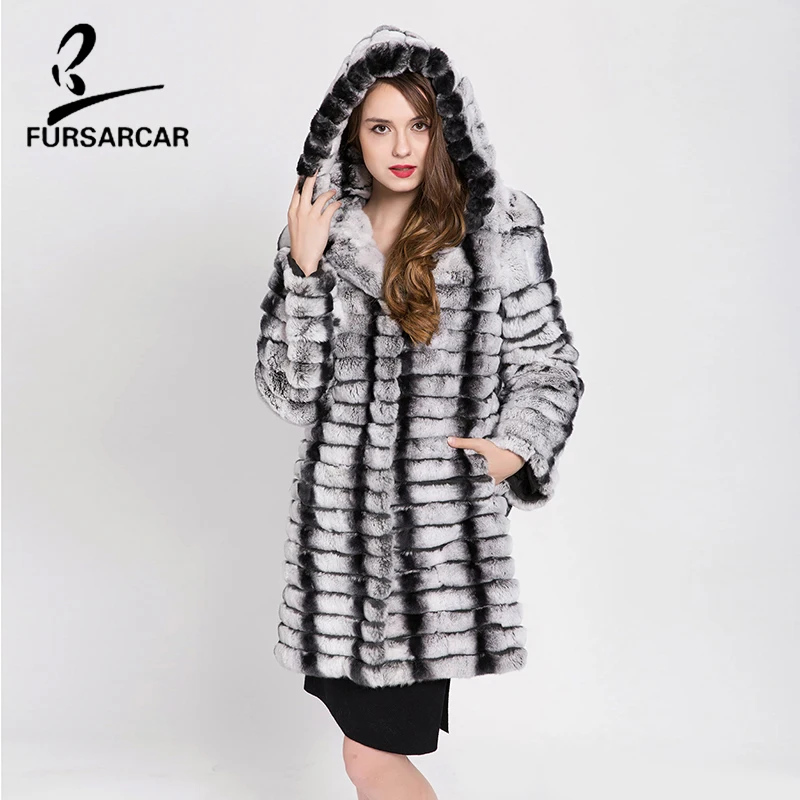 

FURSARCAR Real Rabbit Fur Coat Full Pelt Thick Warm With Fur Trim Hood Striped Cut Rex Rabbit Fur Coat Women Winter Coat BF-1616