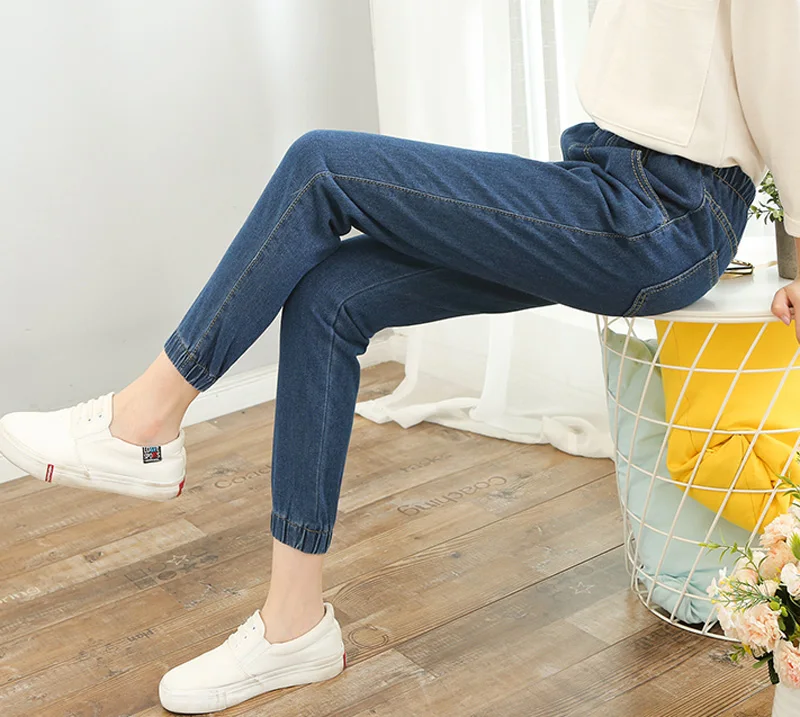 Плюс размер эластичный пояс шаровары джинсы женские повседневные карманные узкие брюки-карандаш с высокой талией стрейч джинсы женские