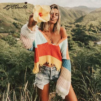 

Women Sexy V neck Sweaters Rainbow Colorful Stripe Print Knitwear Loose Pullovers Femme Basic Knitted Sweater Jumper