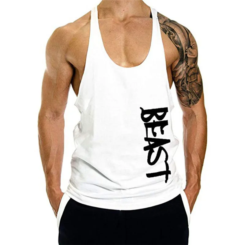 Letter Print Fitness Tank Tops Men Bodybuilding Singlets Sleeveless