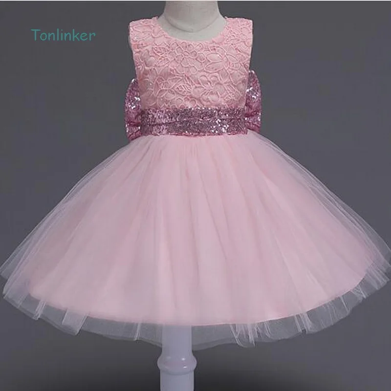 pink Tonlinker/летние платья принцессы без рукавов с золотыми блестками и бантом для маленьких девочек; платья принцессы с цветочным рисунком для торжественного дня рождения, свадьбы - Цвет: pink