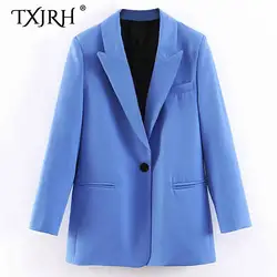 TXJRH стильный синий зубчатый блейзер с воротником костюм с одной пуговицей с длинным рукавом Повседневная куртка пальто Модная женская