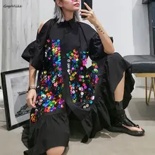 Новинка, весеннее Черное женское платье с открытыми плечами и неровными пайетками, большой размер, женское платье-рубашка LT883S50