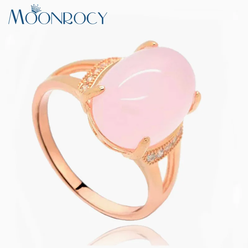 

MOONROCY Free Shipping Fashion Jewelry Wholesale Rose Gold Color Oval Pink Opal CZ Crystal Ring for Women Girls Drop Shipping