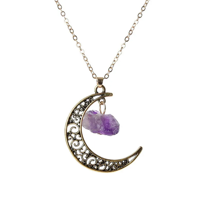 Новое натуральное ожерелье с подвеской, винтажное ожерелье с Луной, Несимметричное фиолетовое каменное розовое ожерелье, кристаллы, Античная бронзовая цепочка, ювелирное изделие - Окраска металла: purple gold