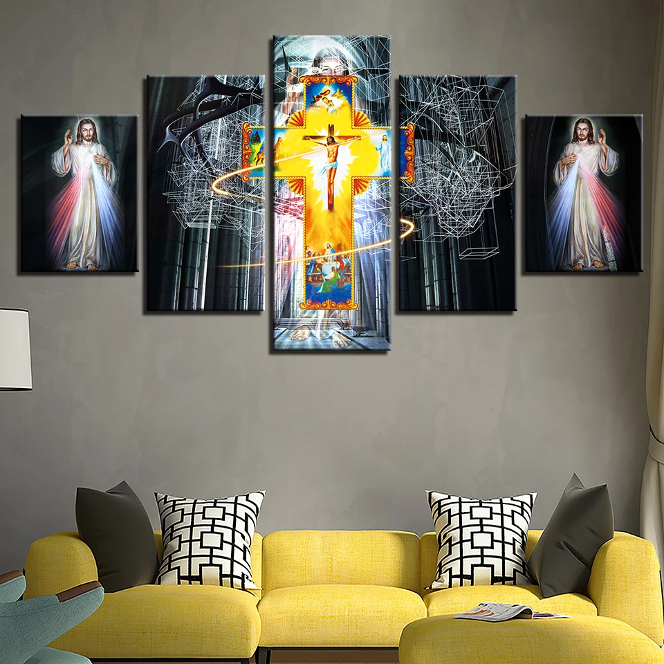 HD-Printed-Decoration-Wall-Art-Living-Room-Frame-5-Pieces-Christian-religion-cross-Jesus-Canvas-Painting