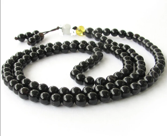 

ddh001702 6mm Tibet Buddhist 108 Black Agate Prayer Beads Mala Necklace