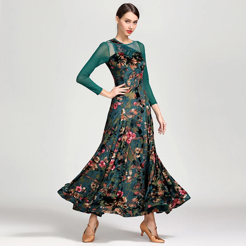 

Women Ballroom Dance Competition Dresses Printing Velvet Stitching Clothes For Standard Dance Waltz Rumba Performance DC1190