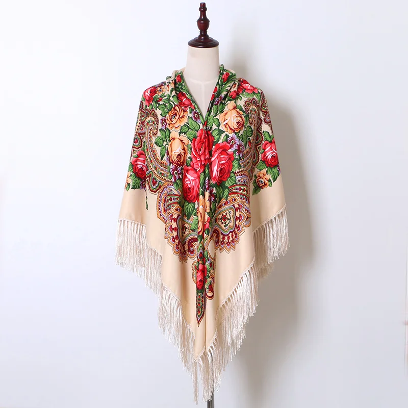 [FAITHINK] 160 см, большой размер, женский шарф-накидка с цветочным принтом, для путешествий в России, из хлопка, с кисточками, шаль, этнический квадратный пончо, хиджаб - Цвет: JM68 beige