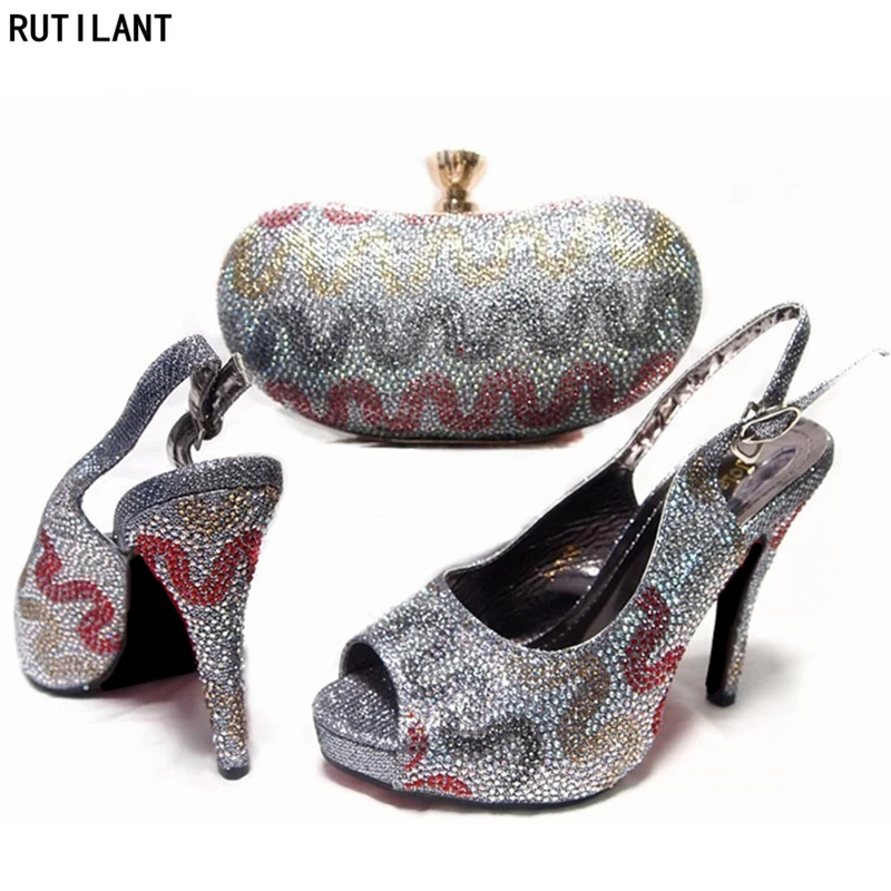 

Sexy Shoes and Bag Set Decorated with Rhinestone High Quality Matching Italian Shoes and Bag Set for Wedding Nigerian Shoes Bags
