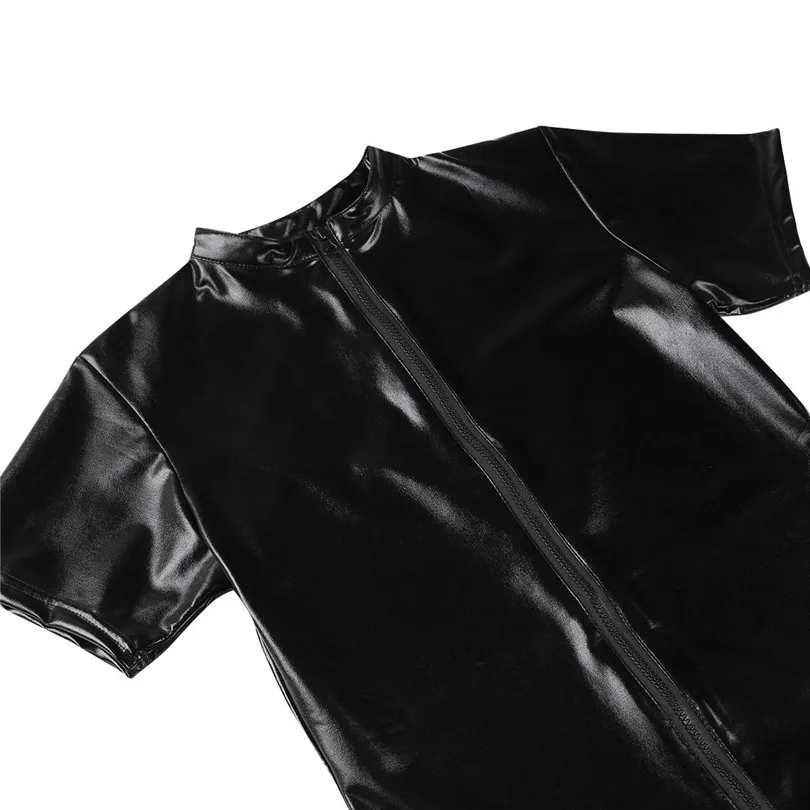 iEFiEL Black Faux Leather Mens Lingerie Stretchy Short Sleeves Zipper Crotch Full Body Leotard Jumpsuit Male Nightclub Bodysuit