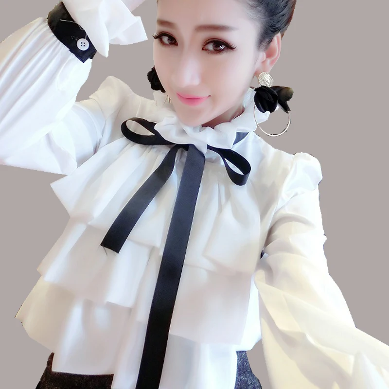 Harajuku New Spring Summer Blouse Women Long Sleeve Shirts Fashion Leisure Chiffon Shirt Bow Office Ladies Stand White Tops | Женская