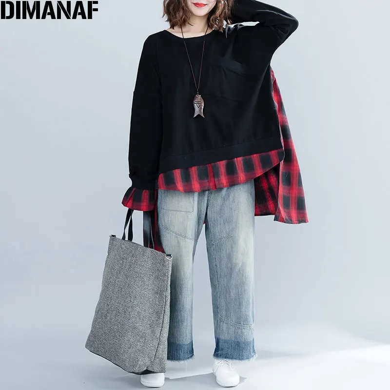 Online DIMANAF 2019 de talla grande sudaderas con capucha otoño mujer Patchwork Rojo Negro Plaid jerséis con cuello ovalado algodón camisetas sueltas