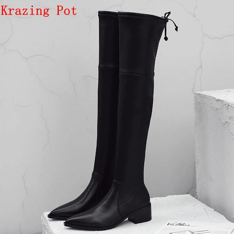 

Krazing Pot 2019 cow leather velvet stretch boots pointed toe bowtie keep warm low heels luxury British over-the-knee boots L11