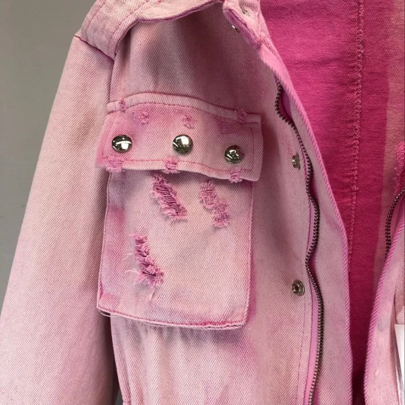 Розовая джинсовая куртка на шнуровке на молнии, женская джинсовая куртка с потертостями, приталенная джинсовая куртка с регулируемым поясом, женское однобортное пальто с лацканами в стиле Харадзюку