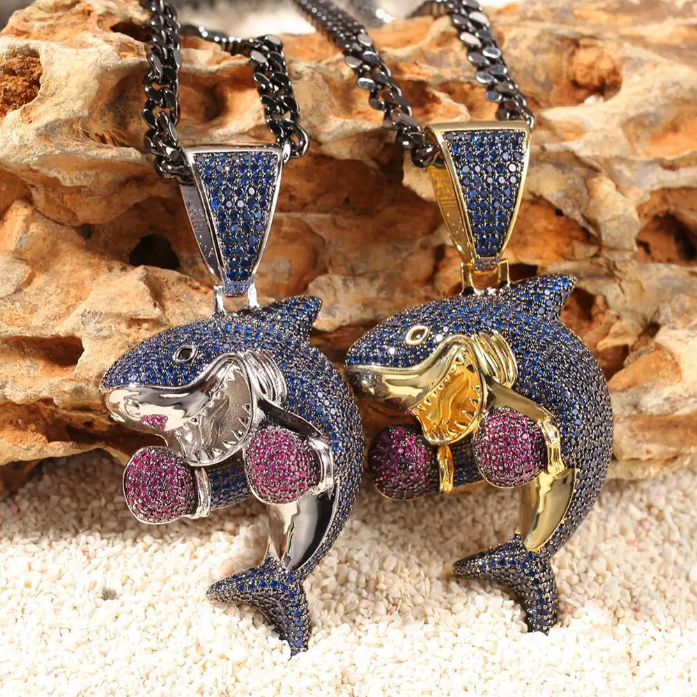 UWIN Colored Boxing Shark Pendant Necklace Fashion Iced Purple Blue Color Cubic Zirconia Shark Hiphop Jewelry Drop Shipping UWIN Colored Boxing Shark Pendant Necklace Fashion Iced Purple Blue Color Cubic Zirconia Shark Hiphop Jewelry Drop Shipping