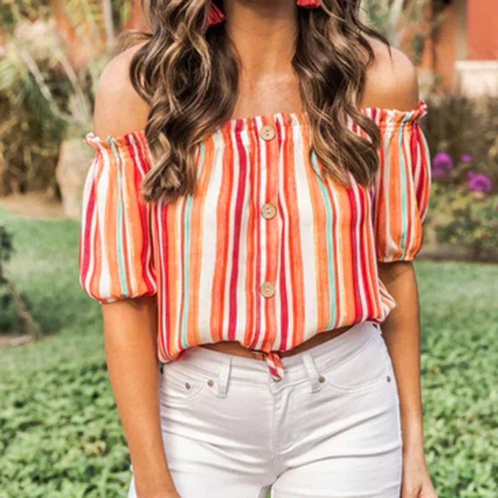 

2019 New Fashion T-shirt Women's Color stripe print Button Short Sleeve sexy off shoulder Tees haut femme poleras muje modis #F7