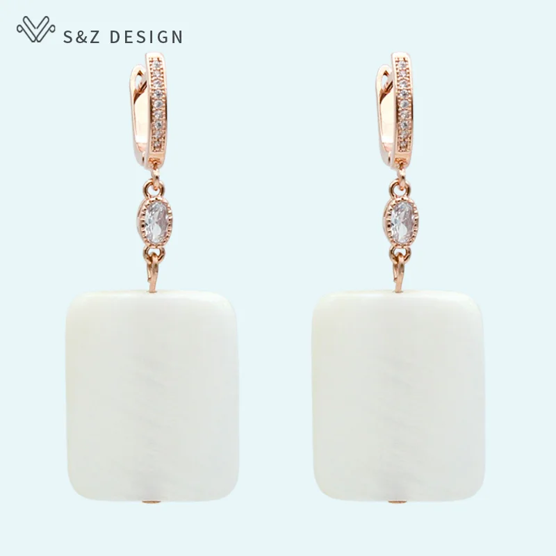 

S&Z Square White Shell Bohemia Dangle Earrings 585 Rose Gold Europe America Retro Temperament Eardrop For Women Wedding Jewelry