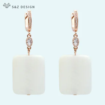 

S&Z Square White Shell Bohemia Dangle Earrings 585 Rose Gold Europe America Retro Temperament Eardrop For Women Wedding Jewelry
