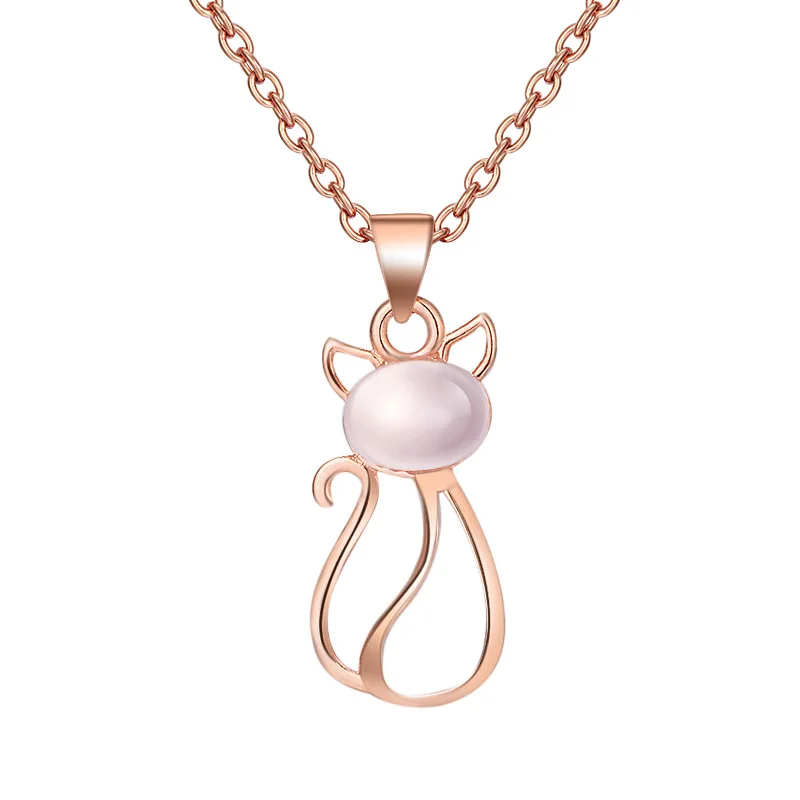 

925 Sterling Silver Pink Opal Cat Charm Necklaces &Pendants For Women Choker Collar Prevent Allergy Jewellery dz023