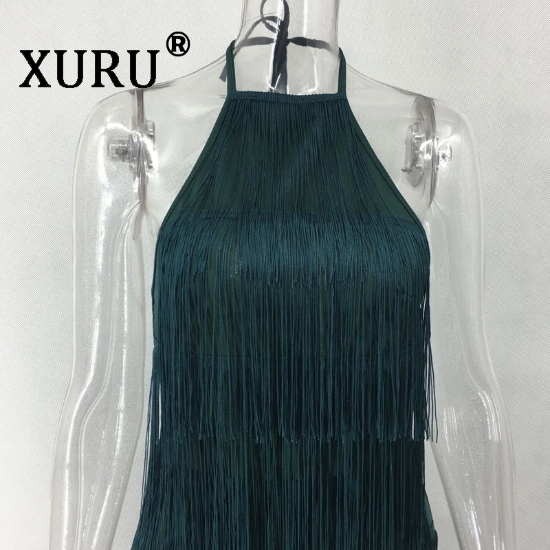 XURU Новое Женское платье Холтер сексуальное платье с кисточками для ночного клуба черное темно-зеленое платье