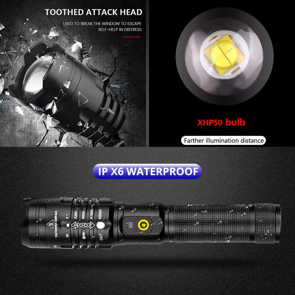 Супер яркий светодиодный фонарик Xhp50.2 8000 лм Мощный светодиодный фонарь с usb-зумом XHP50 18650 перезаряжаемый аккумулятор для охоты