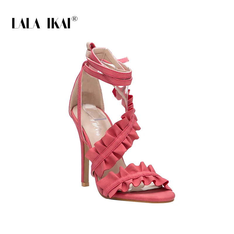 LALA IKAI/босоножки на высоком каблуке с ремешком на щиколотке; женские сандалии с оборками; Летняя обувь на шнуровке; Chaussure Femme Talon; 014C1021-5