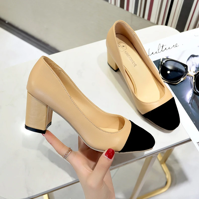 

2018 Spring Autumn brand Women Shoes Beige Black Mix color Suede and Leather Pumps High heel Shoes Sqare Toe Office Lady Dress