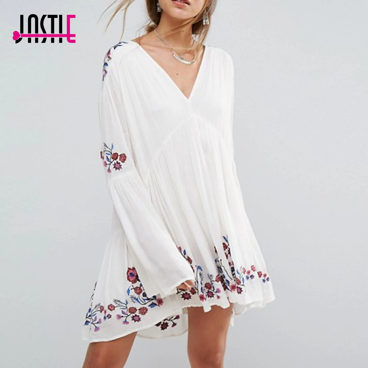 

Jastie Oversize Spring Autumn Dress Floral Embroidered Mini Dress V-Neck Long Sleeve Casual Beach Dresses Boho Women Vestidos