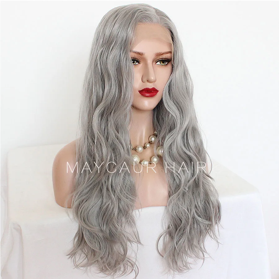 Maycaur Long Grey Color Hair Lace Wigs Loose Wavy Hair Glueless Heat Resistant Synthetic Lace Front Wigs for Black Women (5)