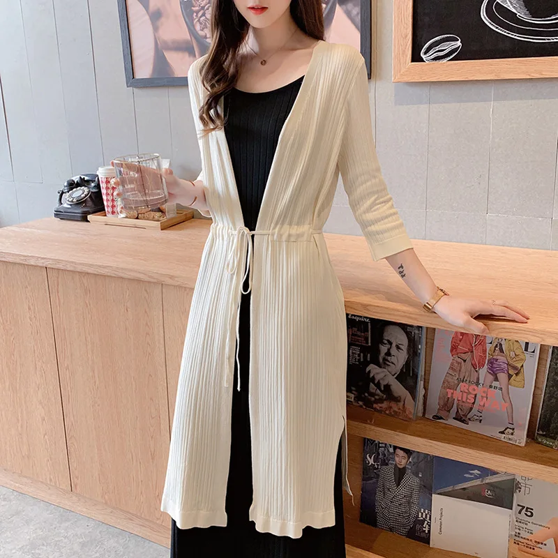 

Summer Fashion New Soild Color Loose Long Sleeves Drawstring Ice Silk Knit Cardigan