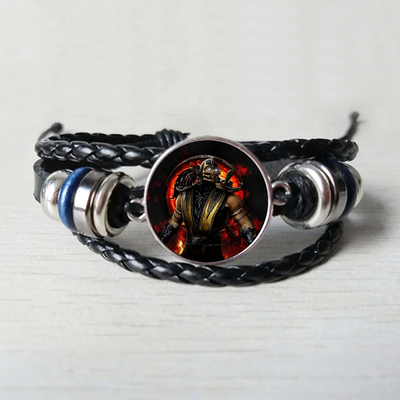 

Arrival Mortal Kombat Leather bracelet Handmade Glass Dome Scorpion Sub Zero Jewelry Steampunk bracelet Jewelry