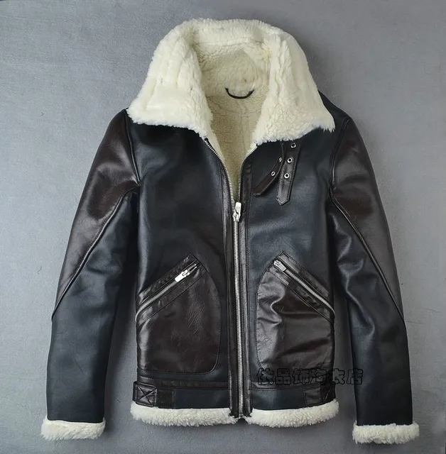 2015 Men Leather Jacket ZA Man Brand B3 Pilot Jacket Leather Sheepskin Bomber Jacket Suede Fur